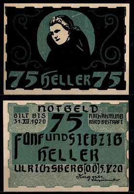 Австрия, Ульрихсберг 75 геллеров 1920 (артикул 7555-48-4-2). Jaksc/Pick# JPR1091a-75 бумага 