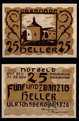 Австрия, Ульрихсберг 25 геллеров 1920 (артикул 7555-49-4-1). Jaksc/Pick# JPR1091a-25, N# 