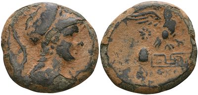 Фригия, Апомея AE 133 - 48 гг. до н.э. (артикул 1100-8-72). Голова Афины / Орел над символом 