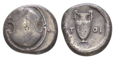 Беотия, Фивы статер 395-338 гг. до н.э. (артикул 00-814-13). беотийский щит/ПТ ОI, амфора, 11 