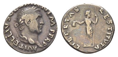 Римская Империя денарий 69 (артикул 00-812-29). Вителлий, A VITELLIVS GERM IMP AVG TR P, голова 