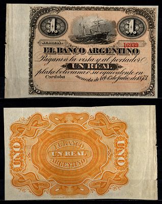 Аргентина 1 реал 1873 (артикул 451-1100-2). корабль Pick S1478 бумага