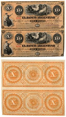 Аргентина 10 песо 1873 (артикул 451-1261-1). неразрезанные банкноты. Аллегорическая женщина 