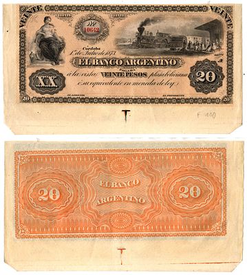 Аргентина 1 песо 1873 (артикул 451-1260-1). необрезанная банкнота Pick S1482 бумага