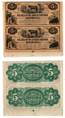 Аргентина, Росарио 5 песо 1866 (артикул 451-1262-1). неразрезанные банкноты. Гаучо, бык 