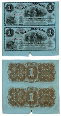 Аргентина 1 песо 1868 (артикул 451-1264-2). неразрезанные банкноты. Страус. гаучо, лошади 