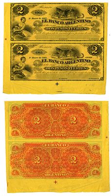 Аргентина 2 песо 1867 (артикул 451-1263-1). неразрезанные банкноты. Аллегорическая 