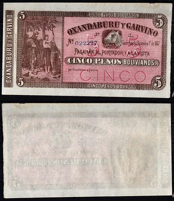 Аргентина 5 песо 1867 (артикул 451-1259-2). Девушка, гаучо, лошадь Pick S1776 бумага