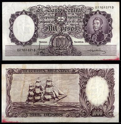 Аргентина 1000 песо ND (1966-1969) (артикул 7548-84-2-2). Pick 279 (2) бумага