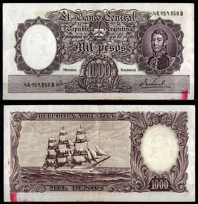 Аргентина 1000 песо ND (1966-1969) (артикул 7548-87-1-2). Pick 279 (3) бумага