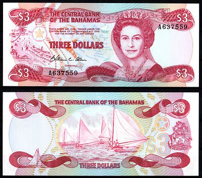 Багамские Острова 3 доллара 1974 (1984) (артикул 8605-2-4-2). Pick 44 a бумага UNC (пресс)