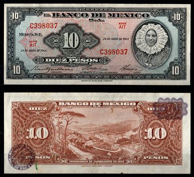 Мексика 10 песо 1963 (артикул 7198-7-1-1). Pick 58 j бумага