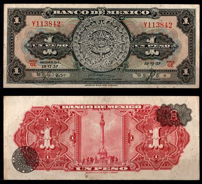 Мексика 1 песо 1957 (артикул 7198-10-3-2). Pick 59 a бумага