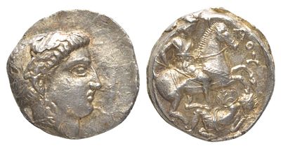 Пеония тетрадрахма 335-315 гг. до н.э. (артикул 00-814-35). Патрей, голова Аполлона/пеонийский 