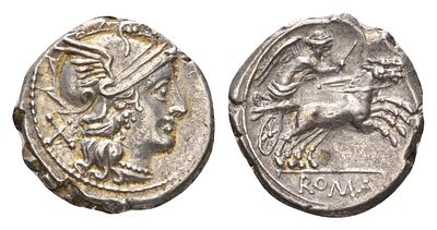 Римская Республика денарий 157-156 гг до н.э. (артикул 10-017-70). голова Ромы в шлеме, X (=10 