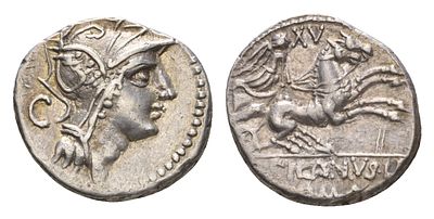 Римская Республика денарий 91 г. до н.э. (артикул 10-017-72). монетарий Д. Силан, голова Ромы в 