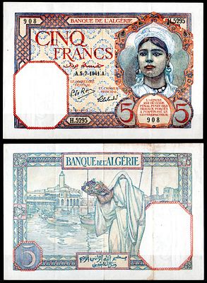 Алжир 5 франков 1941 (артикул 451-934-2). Девушка в традиционном костюме Pick 77 b бумага