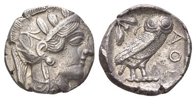 Аттика, Афины тетрадрахма 440-404 гг. до н.э. (артикул 00-903-87). голова Афины/сова, оливковая 