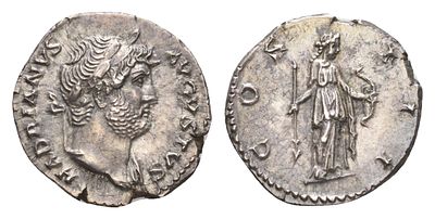 Римская Империя денарий 125-128 (артикул 00-816-05). Адриан, HADRIANVS AVGVSTVS, голова 