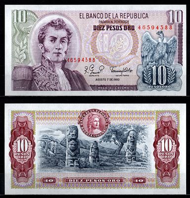 Колумбия 10 песо 1980 (артикул 7191-55-3-1). Pick 407 g бумага UNC (пресс)