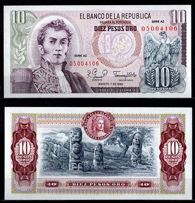 Колумбия 10 песо 1980 (артикул 7191-50-3-2). серия AZ Pick 407 h бумага UNC (пресс)