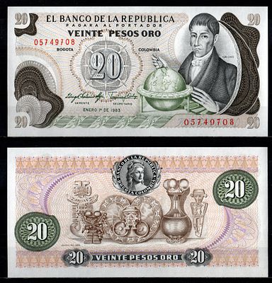 Колумбия 20 песо 1983 (артикул 7191-52-2-2). Pick 409 d бумага UNC (пресс)