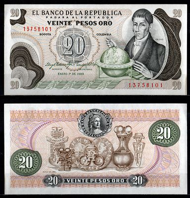 Колумбия 20 песо 1983 (артикул 7191-52-3-1). Pick 409 d бумага UNC (пресс)