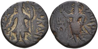 Кушанское Царство драхма 127 - 151 (артикул 1073-19-15). Канишка, царь у алтаря / бог Митра 