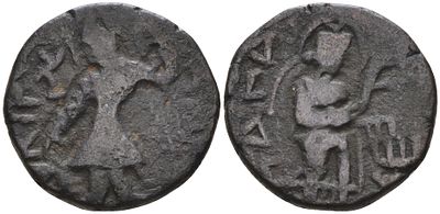 Кушанское Царство драхма 127 - 151 (артикул 1073-19-25). Канишка, царь у алтаря / богиня Нана 