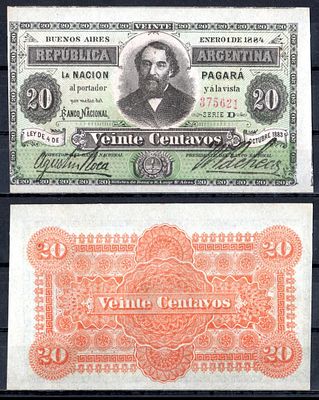 Аргентина 20 сентаво 1883 (артикул 451-844-1). Генерал-лейтенант Бартоломе Митре Pick 3 бумага 