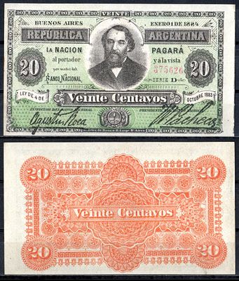 Аргентина 20 сентаво 1883 (артикул 451-866-2-1). Генерал-лейтенант Бартоломе Митре Pick 3 