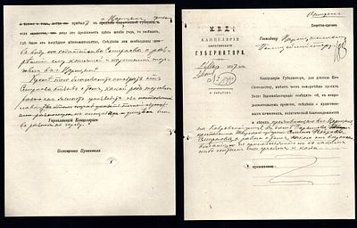 Россия, МВД, канцелярия Саратовской губернии документ на запрос на разрешению на торговлю 