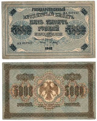 РСФСР 5000 рублей 1918 (артикул 8618-39-1-1). кассир Барышев Pick 96 (2) бумага