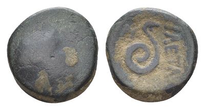 Пергамское Царство АЕ 158-138 гг. до н.э. (артикул 1100-11-73). голова Афины/змея медь SNG Cop. 343