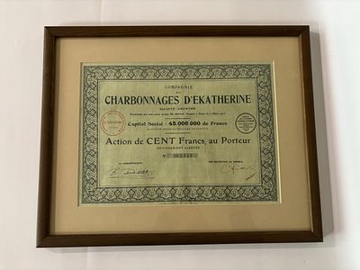 Облигация каменноугольной компании "Charbonnages d'Ekatherine" 1910 (артикул P8). в рамке с стеклом
