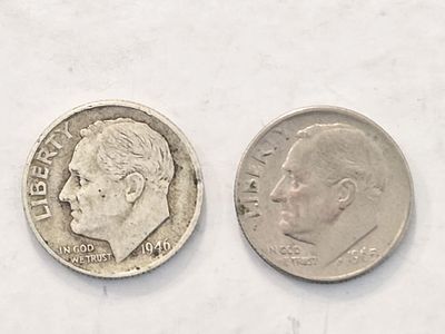 זוג מטבעות כסף DIME ארה"ב כסף 900 קוטר 17.91 מ"מ 
שנת הנפקה 1946 
ושנת הנפקה 1965 
סהכ 