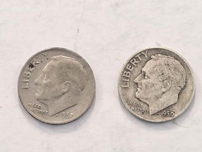 זוג מטבעות כסף DIME ארה"ב כסף 900 קוטר 17.91 מ"מ 
שנת הנפקה 1950 
ושנת הנפקה 1967 
סהכ משקל 5 