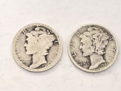 זוג מטבעות כסף DIME ארה"ב כסף 900 
קוטר 17.91 מ"מ שנת הנפקה 1942 
ושנת 1918 
סהכ משקל 5 