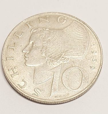 מטבע כסף בערך 10 שילינג אוסטריה 
שנת הנפקה 1959 כסף 900 משקל 7.6 גרם