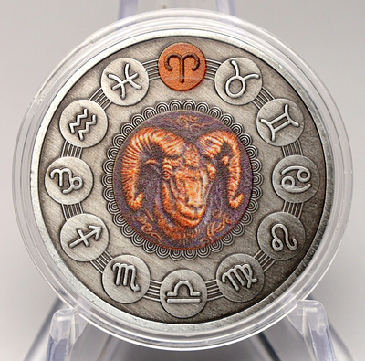 מדליית כסף טהור 999 - מזל טלה (Aries) – עיצוב גלגל המזלות, גימור עתיק, 20 גרם. מדליית כסף 99.9% 