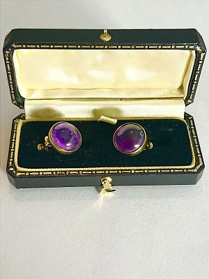 עגילי זהב מלא 14K עם אמטיסט סגלגל טבעי - וינטג’ נדיר 5.08 גרם. זוג עגילי הברגה (screw-back) 