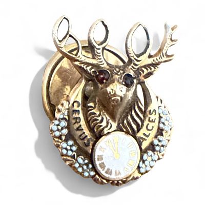 סיכת דש זהב מלא 14K וינטג' 1890 | ELKS | אייל, עיני רובי ועיטור שעון. סיכת דש וינטג' מזהב 14K 