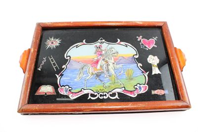 ציור וינטג' בעבודת יד - ממוסגר בעץ עם זכוכית מחוסמת, יכול לשמש גם כמגש. Vintage Hand-Painted 