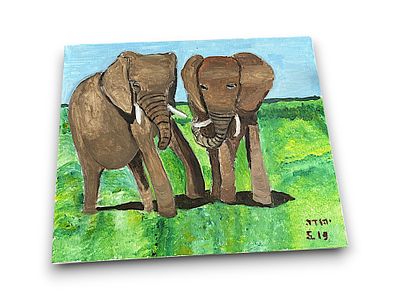 ציור מקורי וינטג' - זוג פילים באפריקה, חתום ומתוארך למאי 2019. ציור ייחודי של אמן פרטי, מתאר זוג 