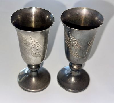 זוג גביעים עתיקים מכסף רוסי 916, חותמות סובייטיות רשמיות, חריטה ידנית. זוג גביעים נדירים מכסף 