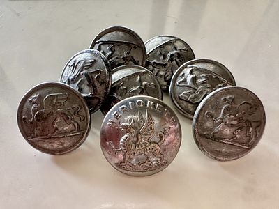 לוט 8 כפתורי מתכת בריטיים מצופי כסף - Gaunt London - כולל כפתור Merioneth. לוט אספני קטן ואיכותי 