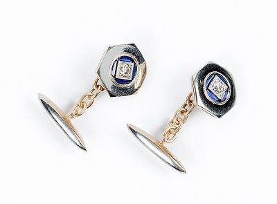 Gemelos vintage en oro amarillo 18 K y vistas de platino con botón hexagonal, decorado con un 