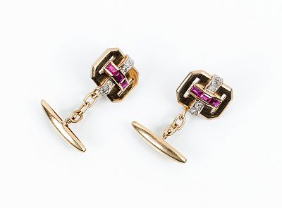 Gemelos vintage estilo 'Chevalier' en oro amarillo 18 K, con motivo rectangular, cruzado en 