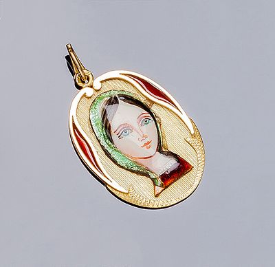 Medalla oval colgante vintage en oro amarillo 18 K, con detalles y minatura esmaltada de la 
