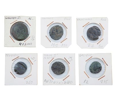 LOTE DE 6 MONEDAS ROMANAS DE VARIOS EMPERADORES EN BRONCE Y VELLÓN. Dupondio de Gordiano I (238 